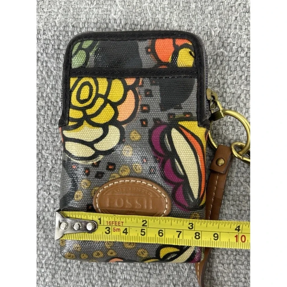 FOSSIL Keyper Carry All Orange Floral Coated Canvas Wristlet Small‎ Wallet